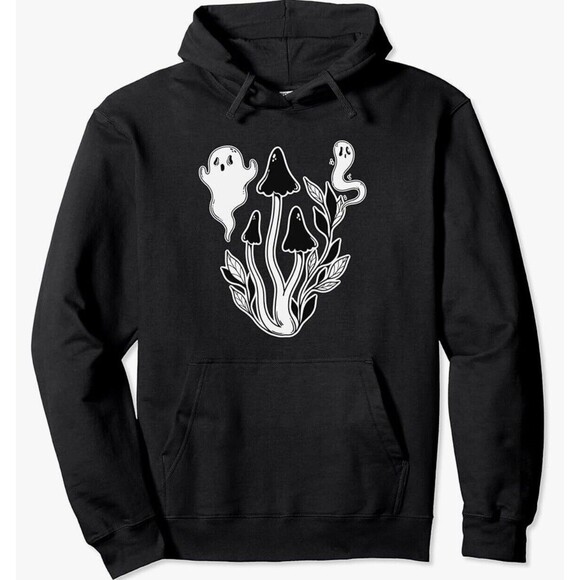 Shrooms And Ghosts Black White Hoodie Medium Mushroom Paranormal Psychedelic - Picture 1 of 7